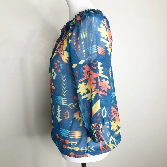 Chicos Sheer Aztec Blouse 00(XS) Blue Multicolor - Picture 3 of 10